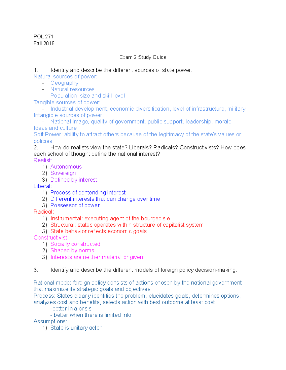 Study Guide for POL271 - Lecture notes 1-6 - POL 271 Fall 2018 Exam 2 ...