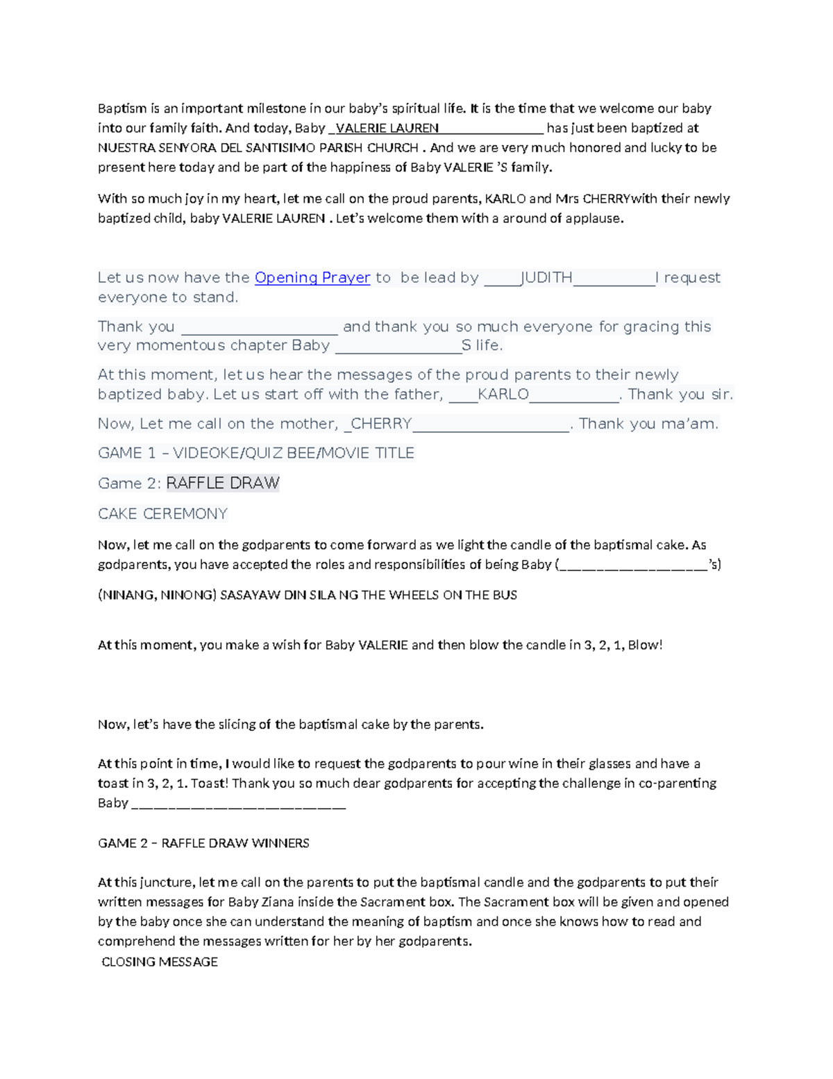 Baptism Program - script - Baptism is an important milestone in our ...