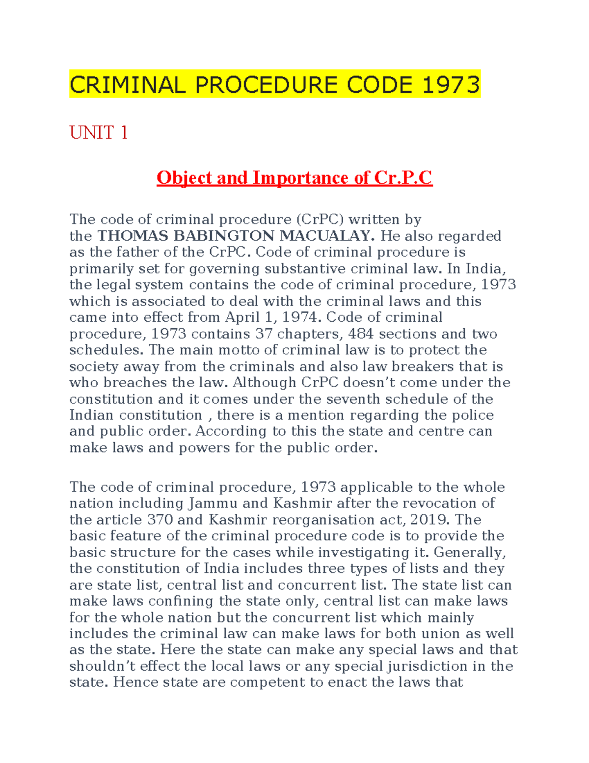 Criminal Procedure CODE 1973 - CRIMINAL PROCEDURE CODE 1973 UNIT 1 ...