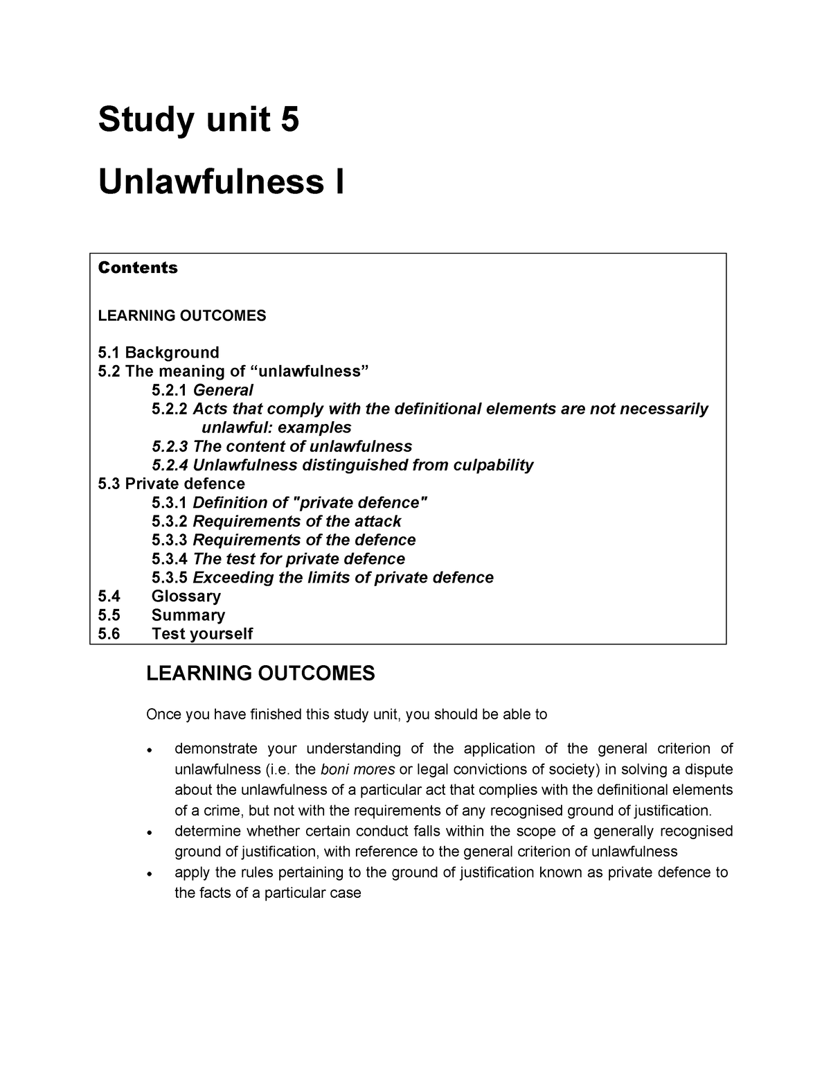 CRW1501 Study Guide Study UNIT 5 - Study Unit 5 Unlawfulness I Contents ...