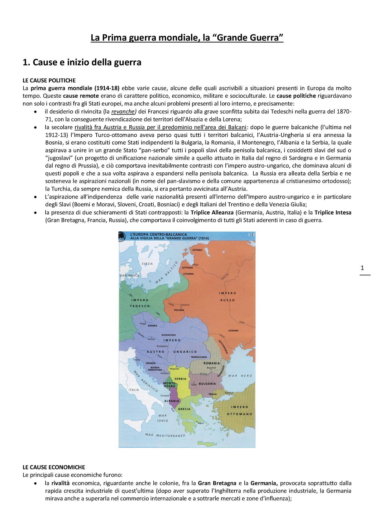 Prima Guerra Mondiale - Appunti - 1 La Prima Guerra Mondiale, La ...