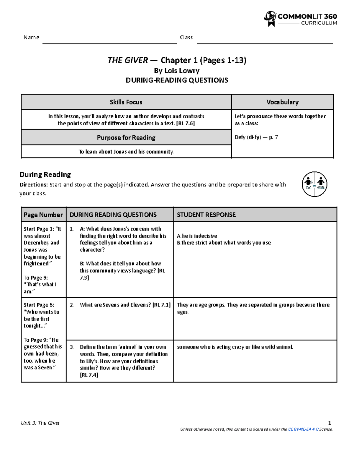 Copy of Copy of 7G Unit 3 The Giver Chap 1 Questions Student COPY Ed1 -  Name Class THE GIVER — - Studocu