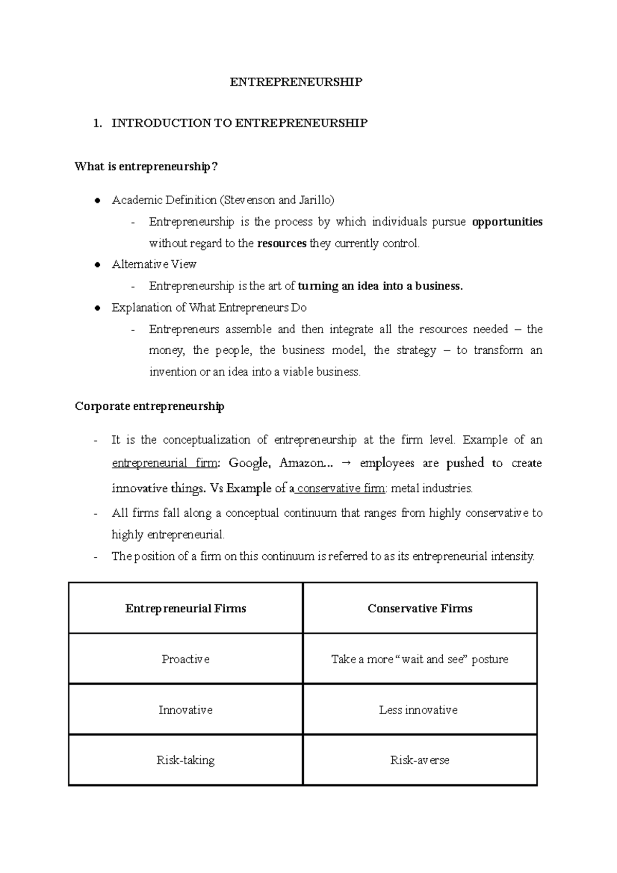 Entrepreneurship Notes - ENTREPRENEURSHIP 1. INTRODUCTION TO ...