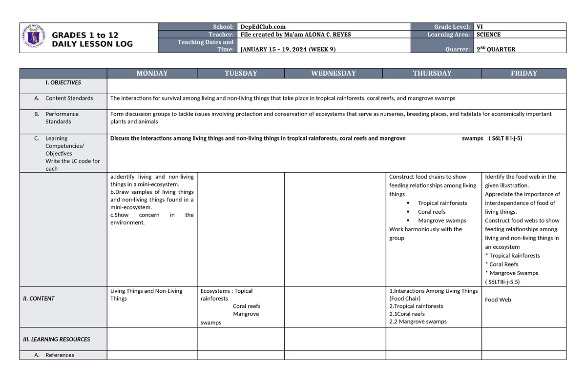 DLL Science 6 Q2 W9 - NONE - GRADES 1 to 12 DAILY LESSON LOG School ...