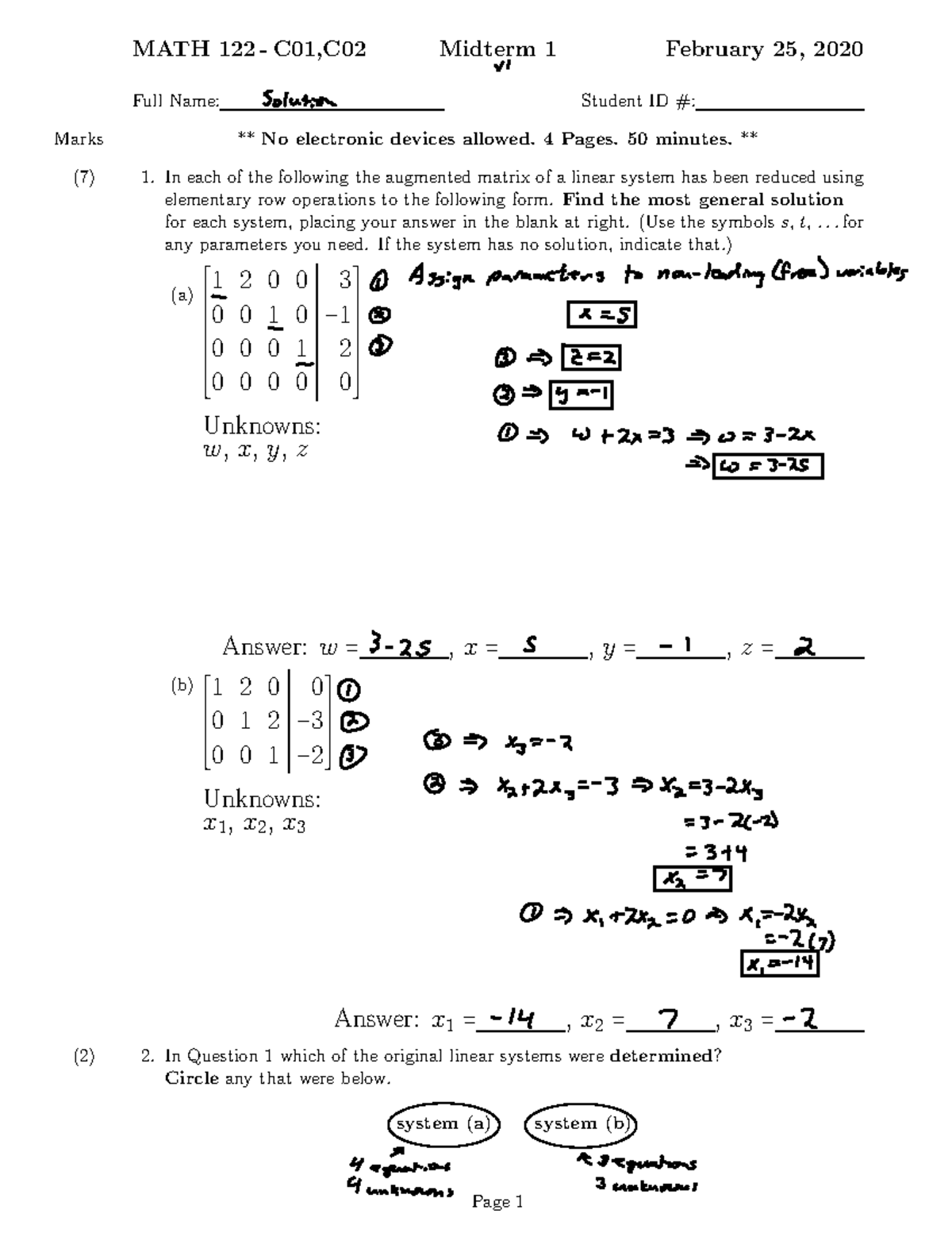 Midterm 25 February 2020, answers - MATH 122 - C01,C02 Midterm 1 ...
