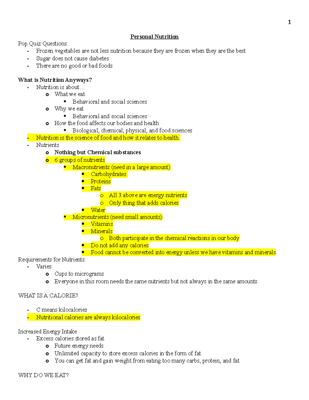 Personal Nutrition Highlighted stuff was important for tests