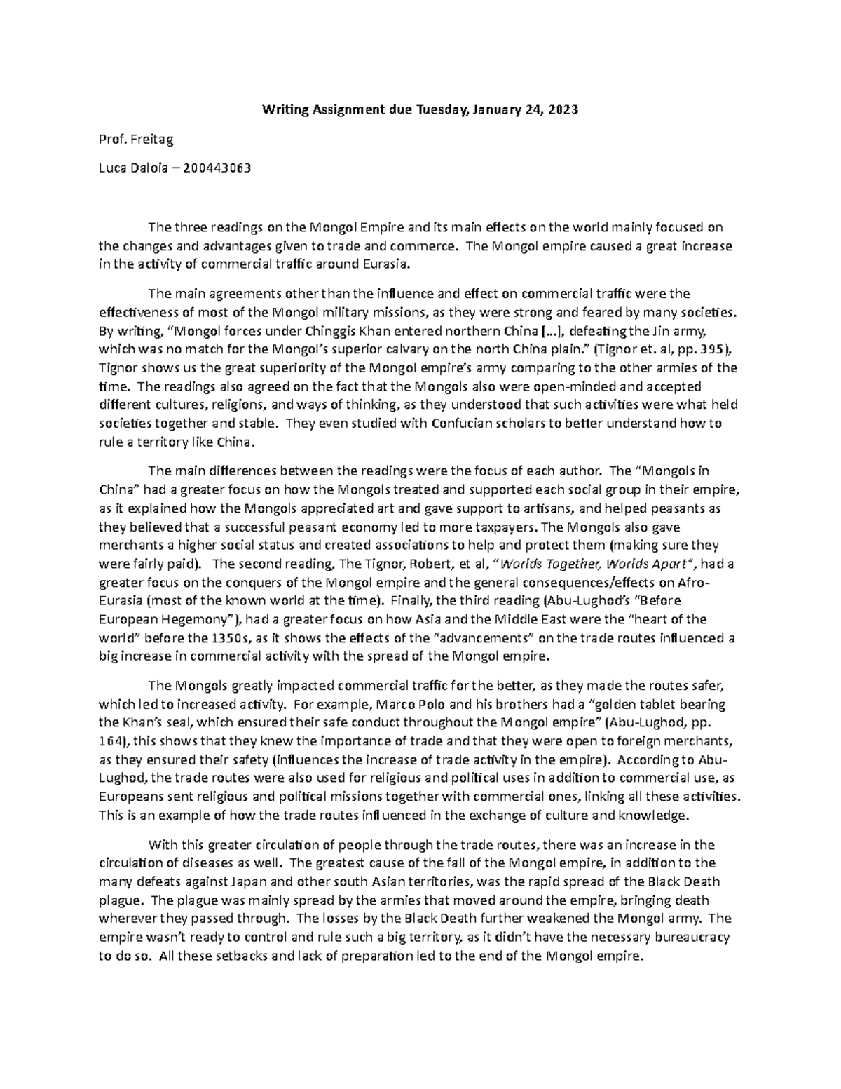 Writing Assignment HIS 232 - Writing Assignment due Tuesday, January 24 ...