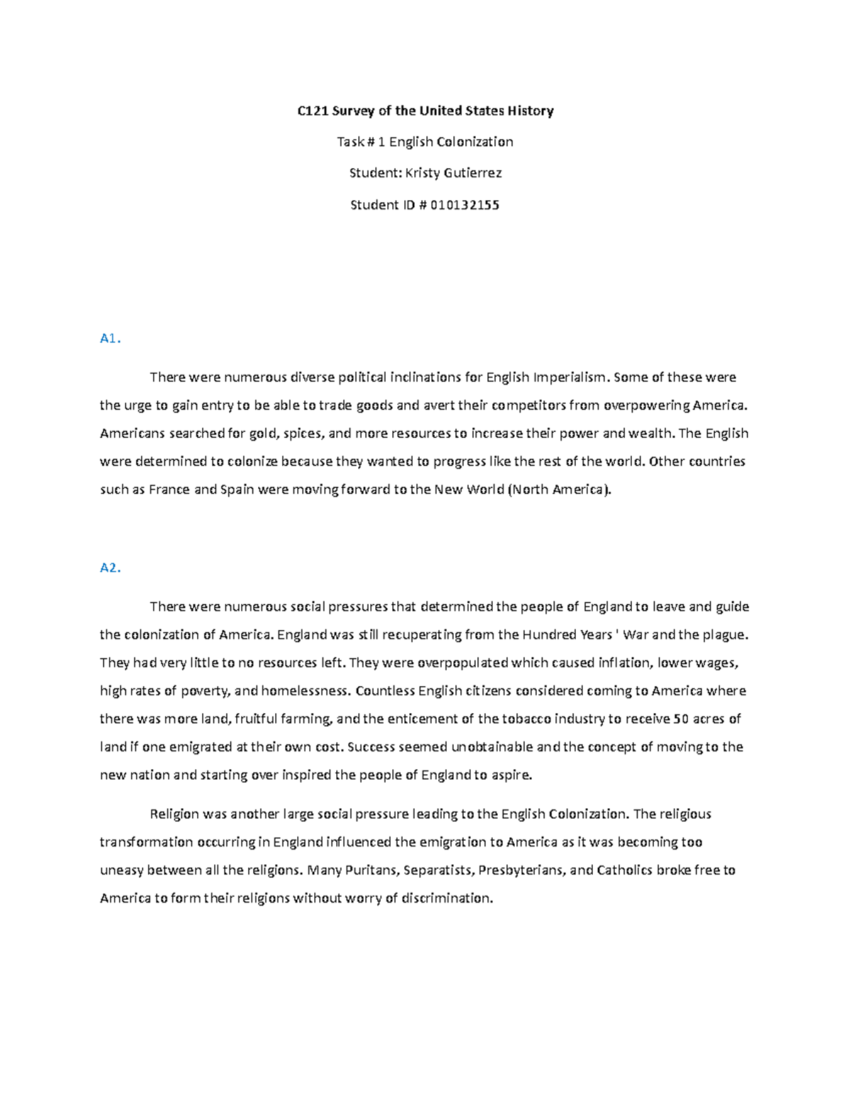 C121 Essay 1 - Passed First Attempt. - C121 Survey Of The United States ...