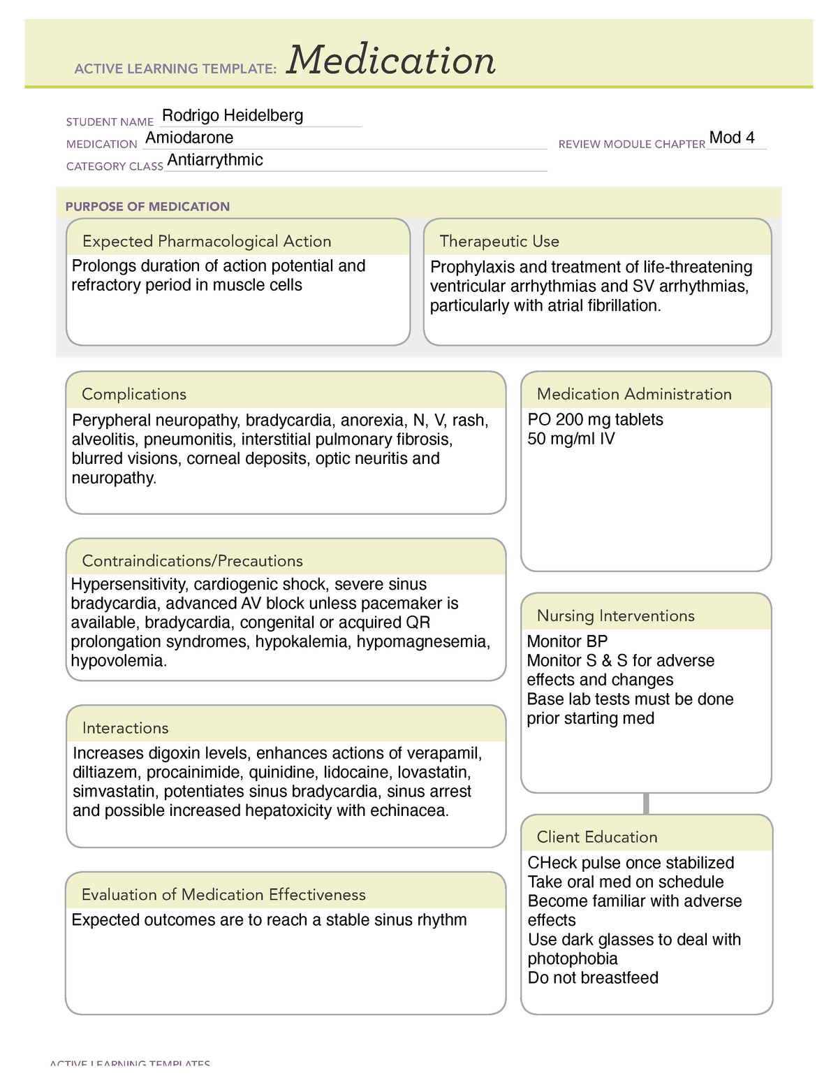 Amiodarone ATI High Acuity medication ACTIVE LEARNING TEMPLATES