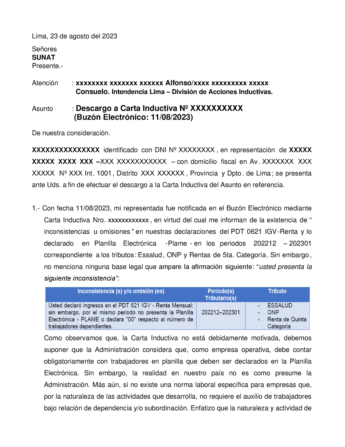 Descargo Carta Inductiva Lbe Lima 23 De Agosto Del 2023 Señores Sunat Presente Atención 4309