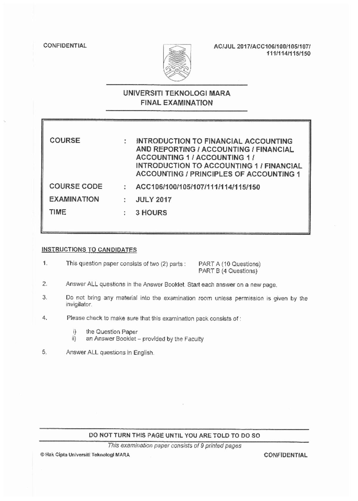 Pyq Acc106 Jul 2017 Introduction To Financial Accounting Studocu