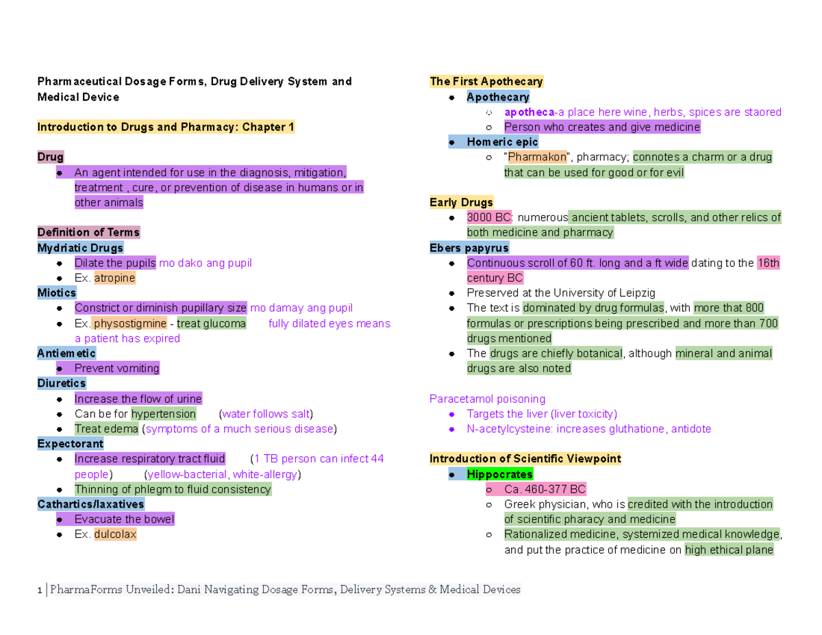 PH 211 Lecture Notes - Dds - Pharmaceutical Dosage Forms, Drug Delivery ...