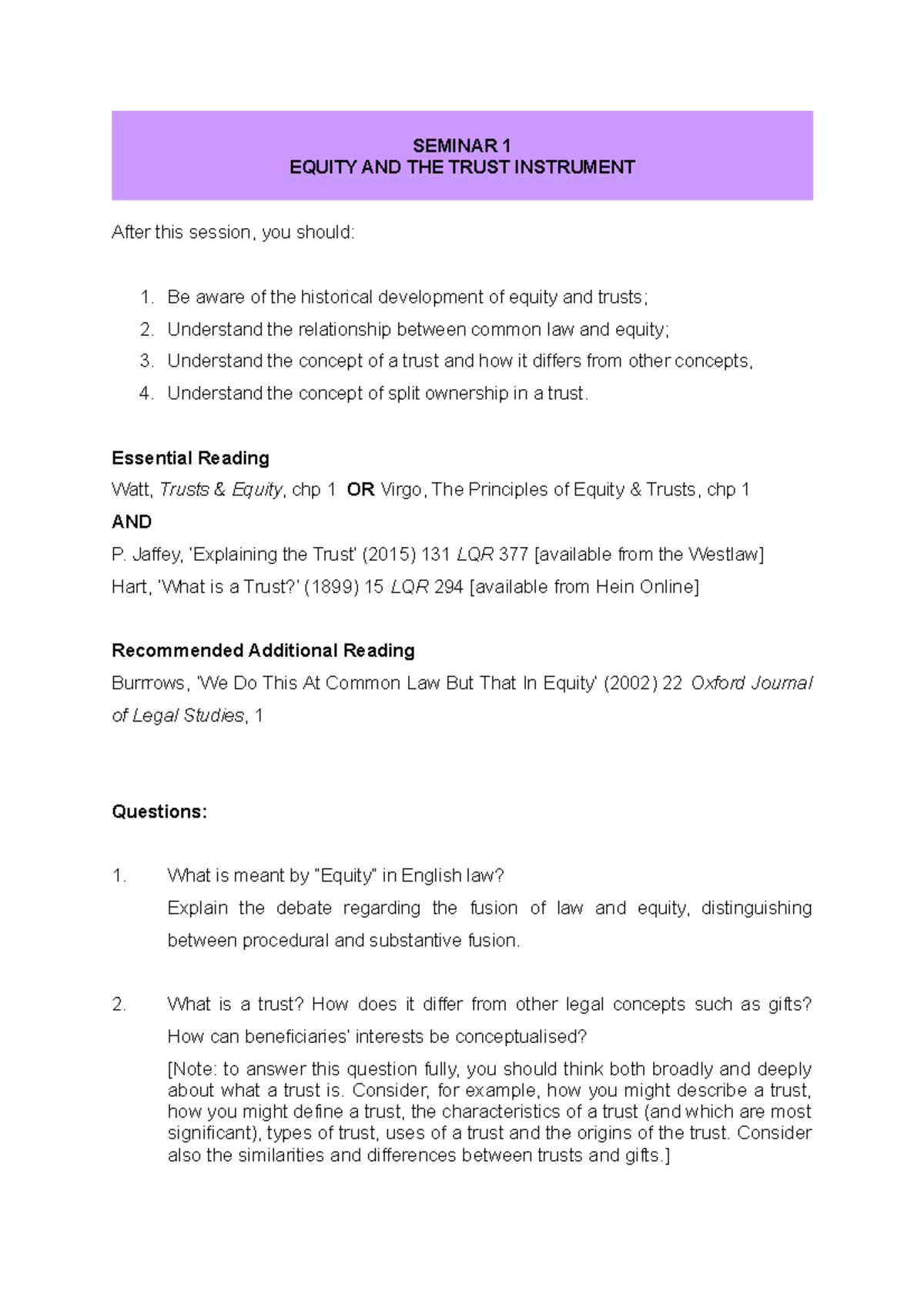 Seminar 1 of Trusts and equity - introduction to trusts and equity ...