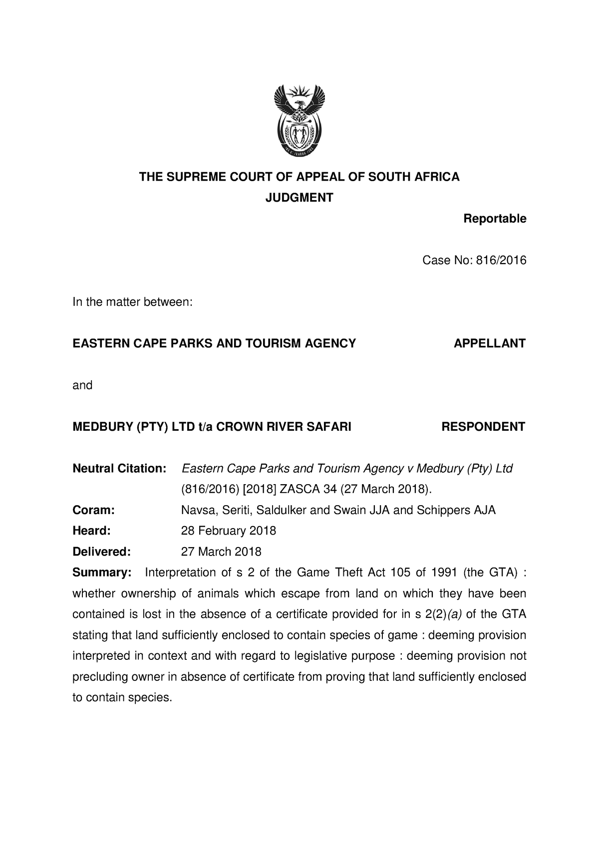 Eastern Cape Parks And Tourism Agency V Medbury Pty Lrd Ta Crown   Thumb 1200 1697 