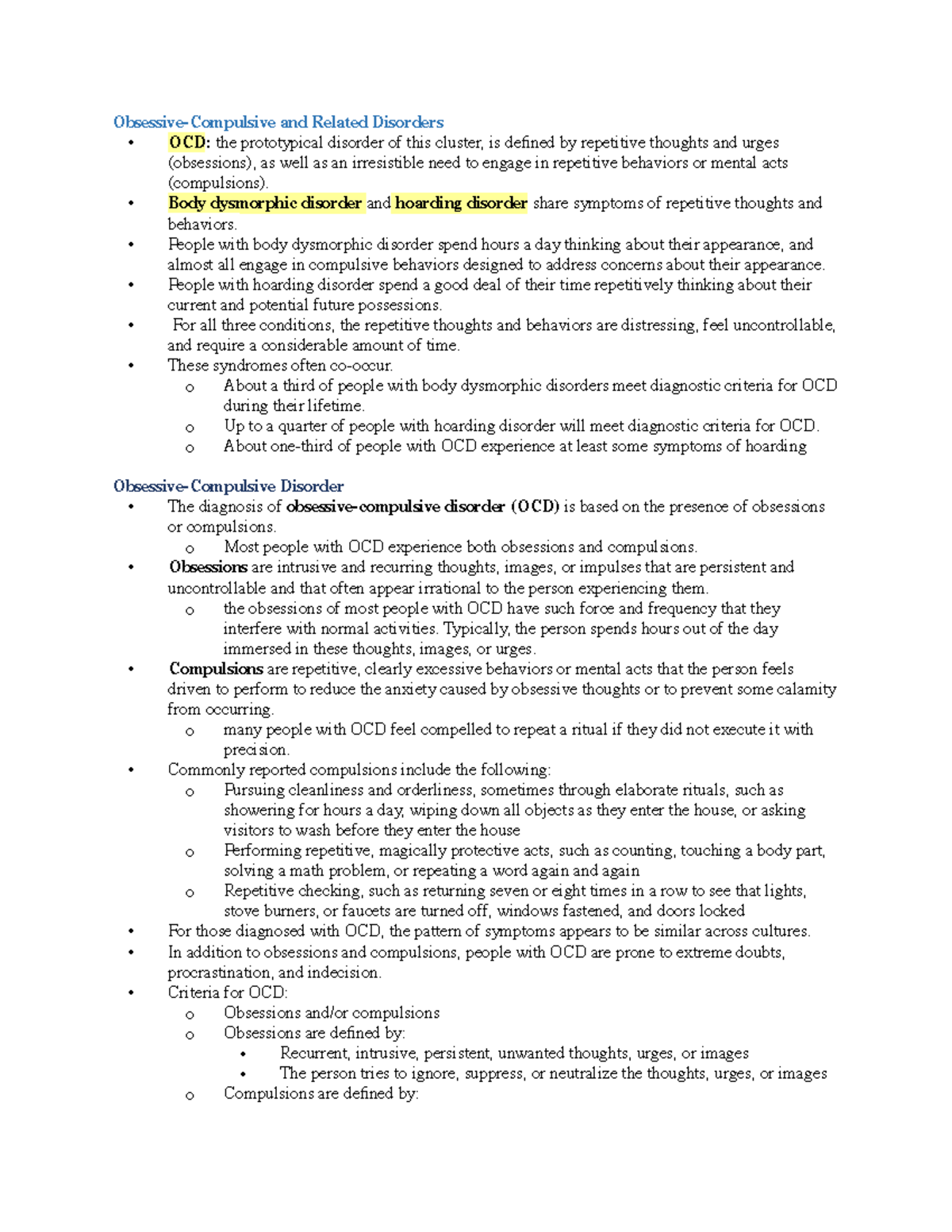 Chap 7 - abnormal notes - Obsessive-Compulsive and Related Disorders ...