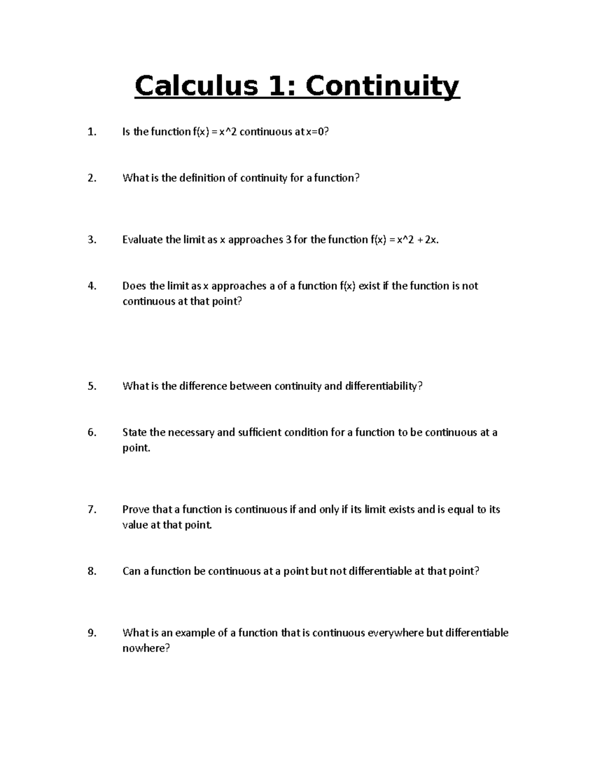 Calculus 1 continuity selfmade worksheets Calculus 1 Continuity