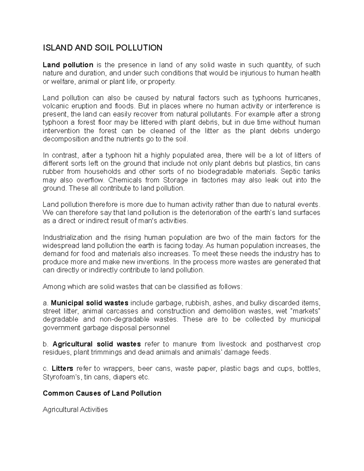 LAND AND SOIL Pollution ISLAND AND SOIL POLLUTION Land pollution is