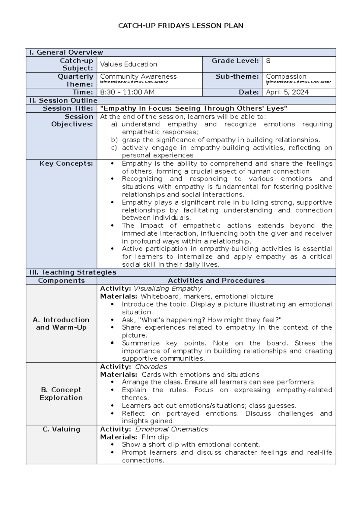 Values Catch up Friyay - none - CATCH-UP FRIDAYS LESSON PLAN I. General ...