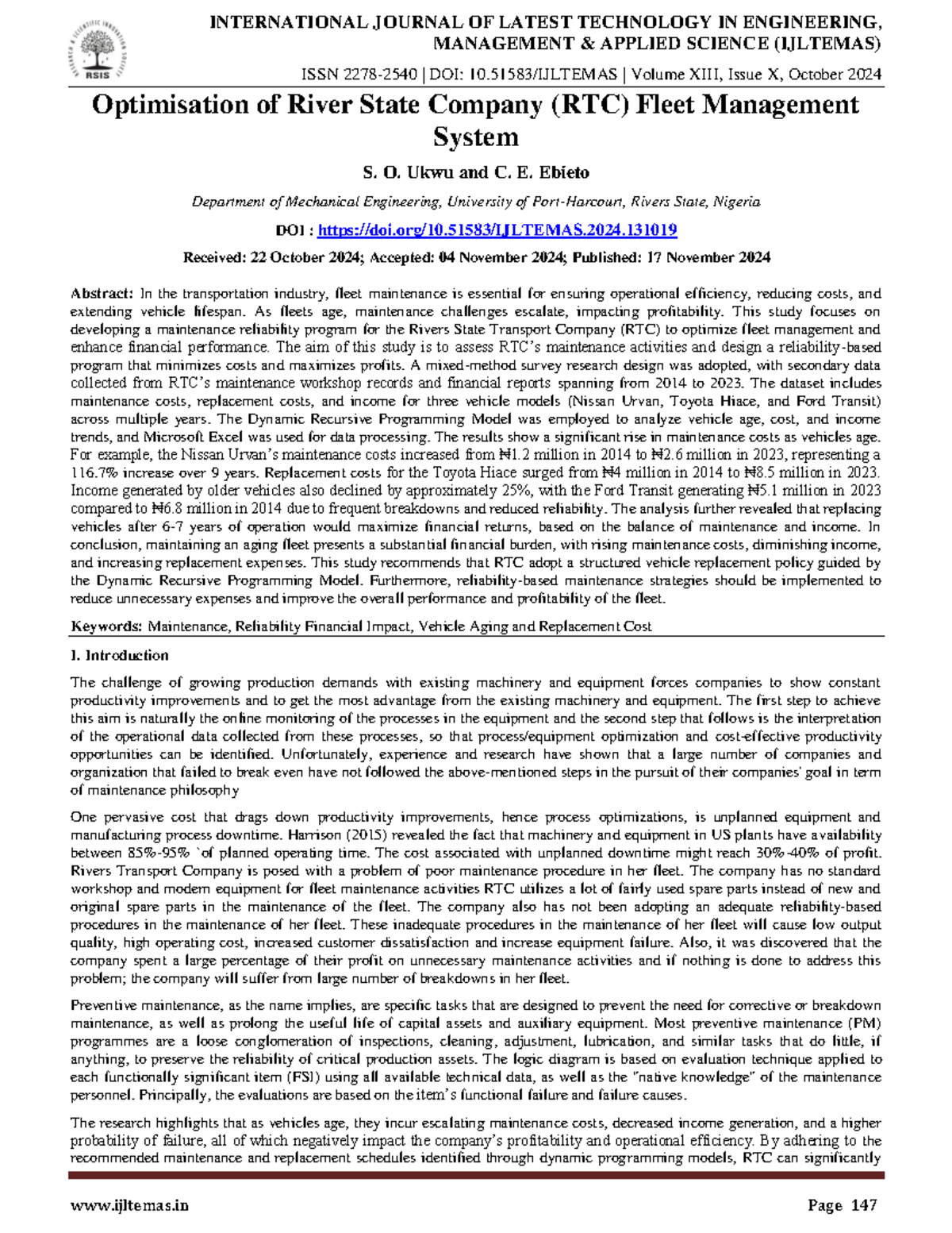 Optimisation of River State Company RTC Fleet Mana - MANAGEMENT ...