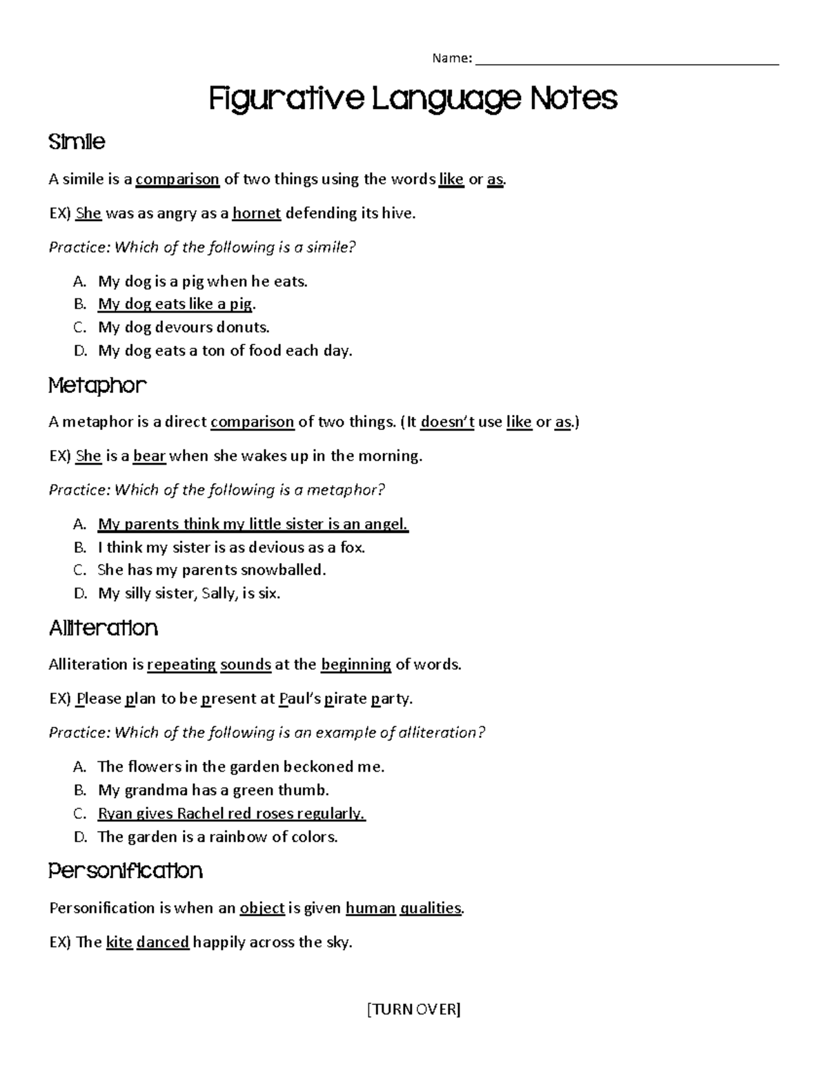 Figurative Language Student Notes - Name ...
