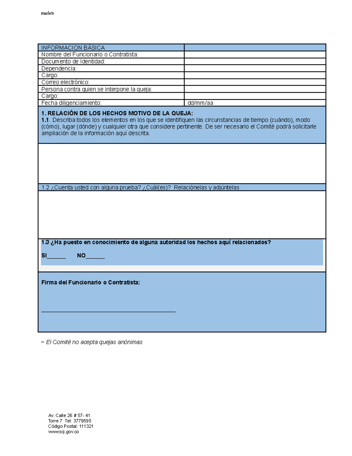 Formato queja Comité de Convivencia Laboral F-GH-92 - marlets ...