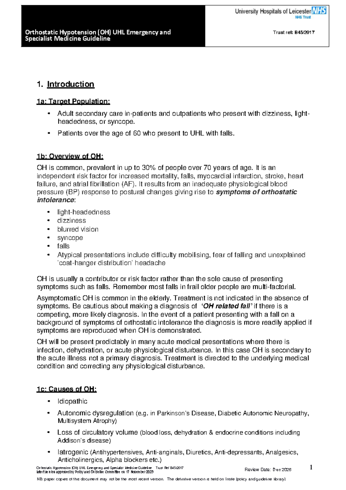 Orthostatic Hypotension (OH) UHL Emergency and Specialist Medicine ...
