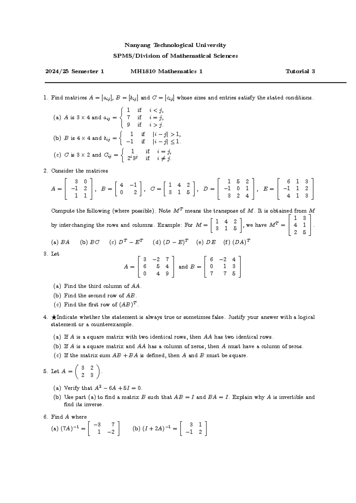 MH1810 Tut 3 2024 Matrices - Nanyang Technological University SPMS ...