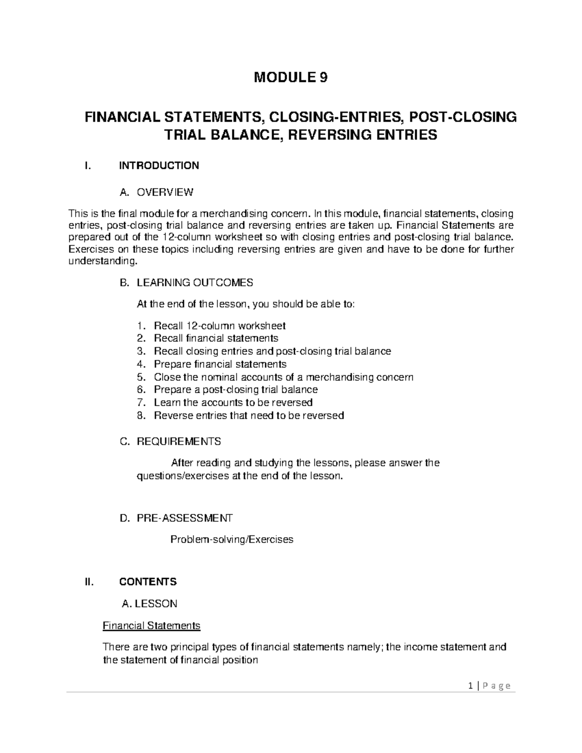 FINANCIAL STATEMENTS, CLOSING-ENTRIES, POST-CLOSING TRIAL BALANCE ...