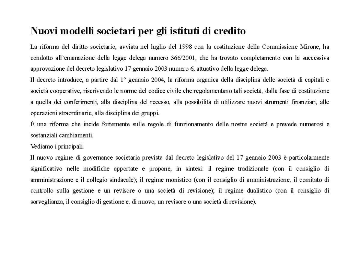 Corporate Governance Gola Nuovi Modelli Societari Per Gli Istituti Di Credito La Riforma Del