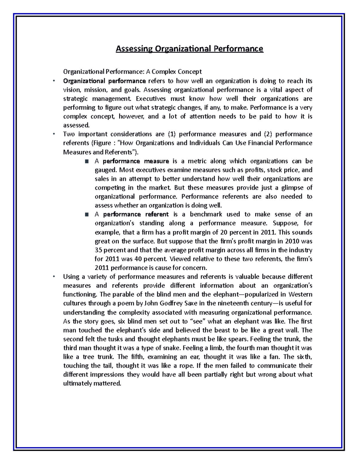 Assessing Organizational Performance - Strategic Management - TIP - Studocu