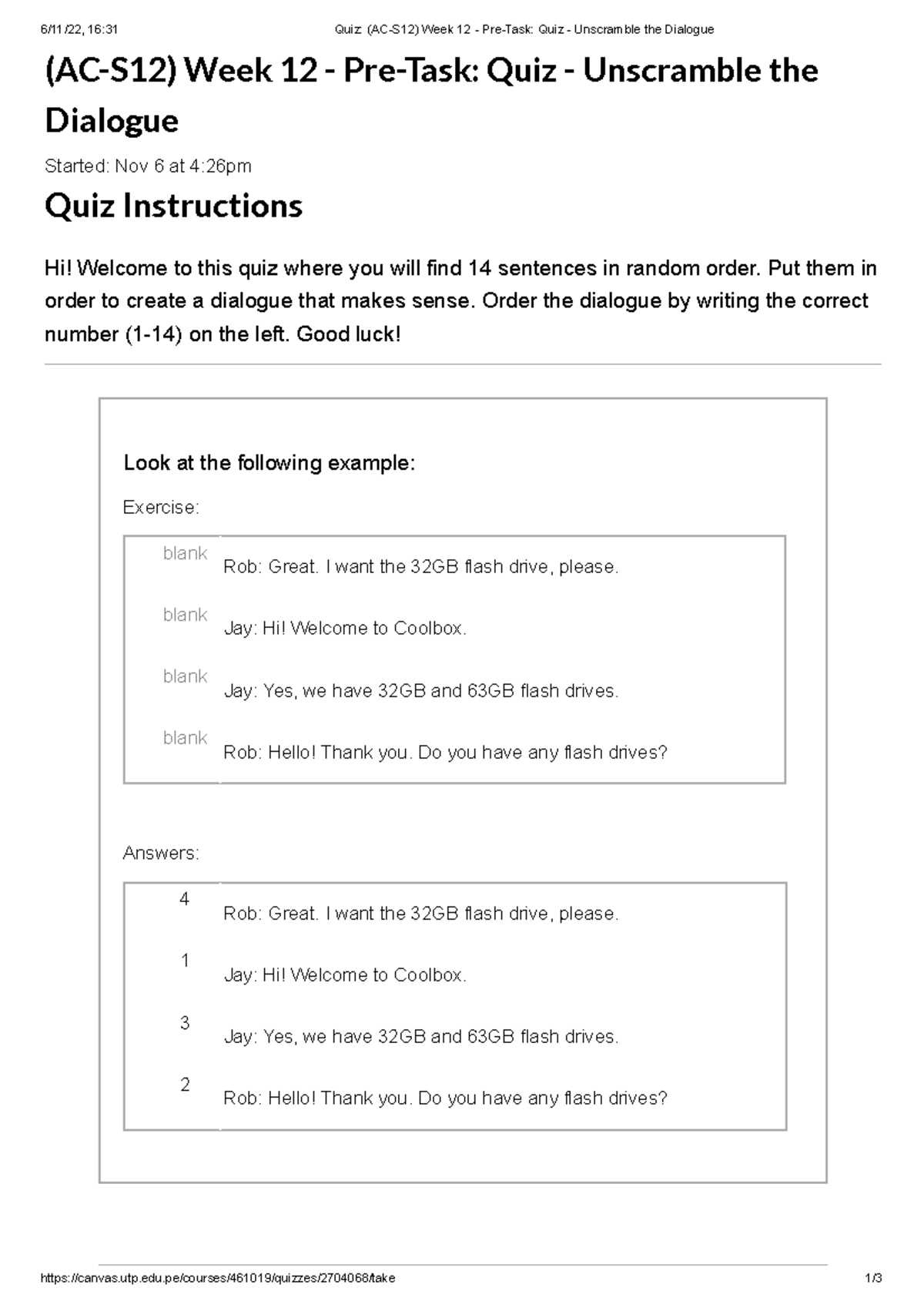 Quiz (ACS12) Week 12 PreTask Quiz Unscramble the Dialogue Studocu