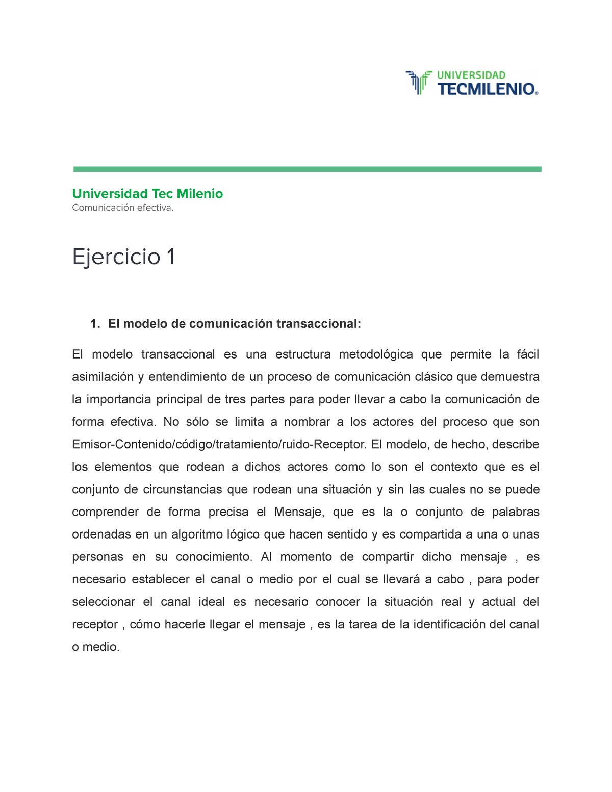 Ejercicio 1CE - El modelo de comunicación transaccional: - Universidad Tec  Milenio Comunicación - Studocu