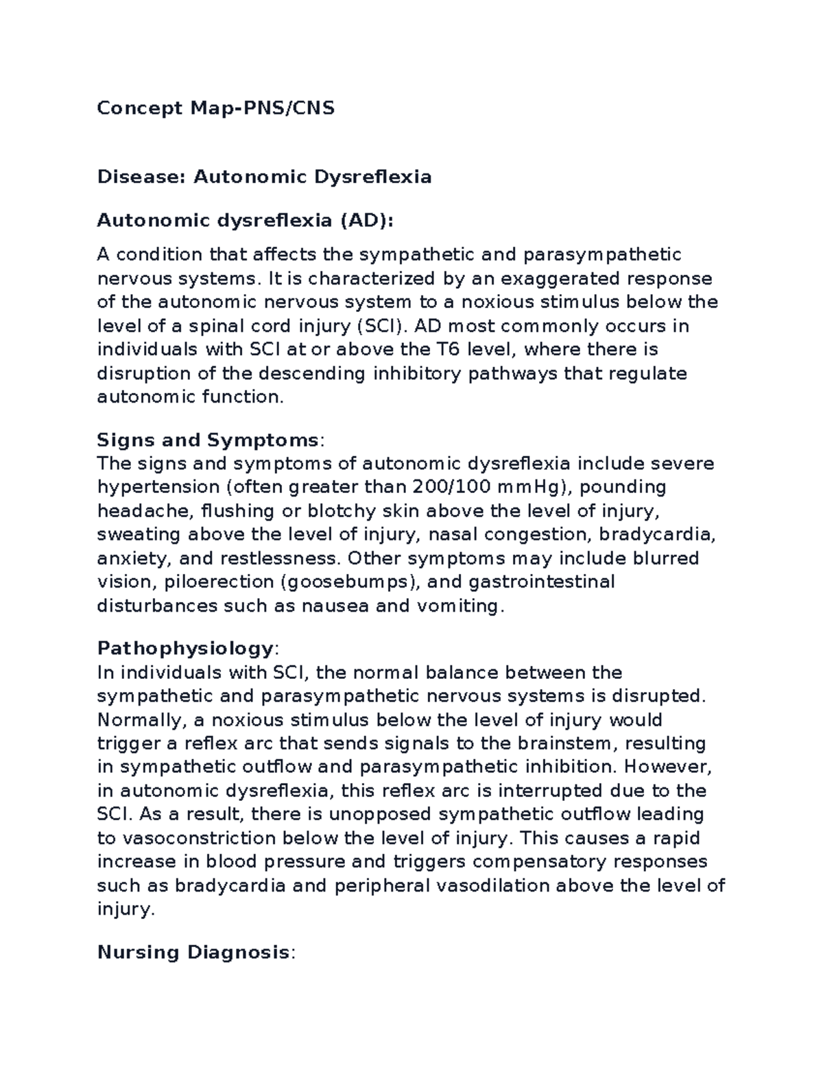 Concept map Autonomic Dysreflexia Pharm - Concept Map-PNS/CNS Disease ...