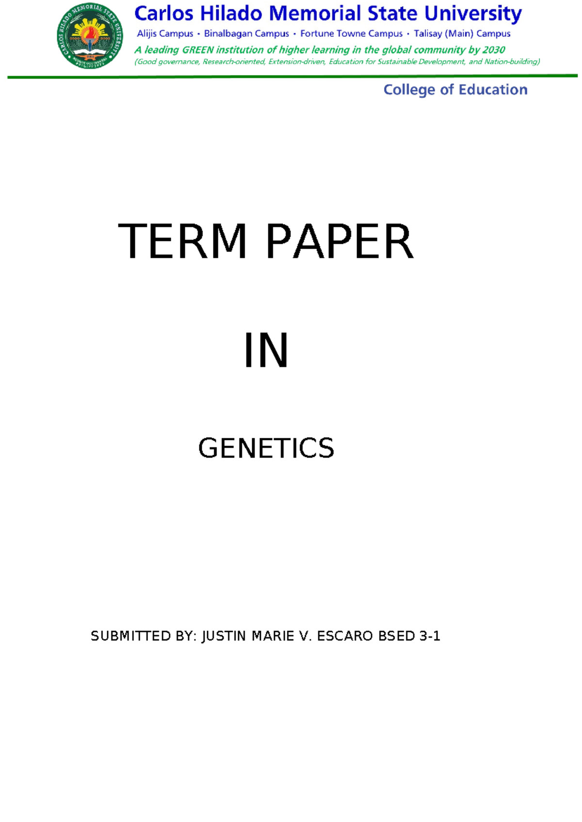 TERM Paper IN Genetics - TERM PAPER IN GENETICS SUBMITTED BY: JUSTIN ...