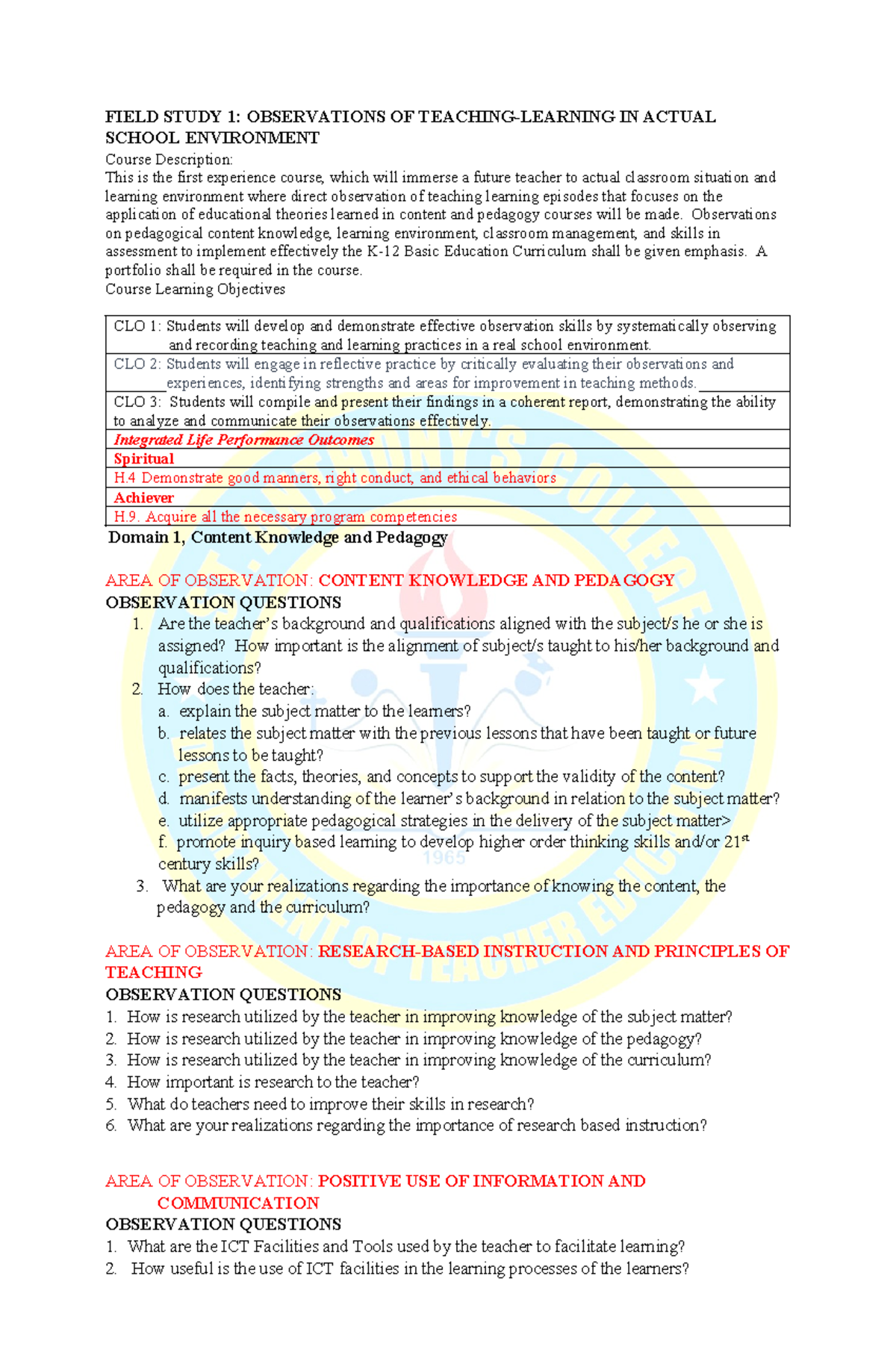 Summary of Observation Guide - FIELD STUDY 1: OBSERVATIONS OF TEACHING ...