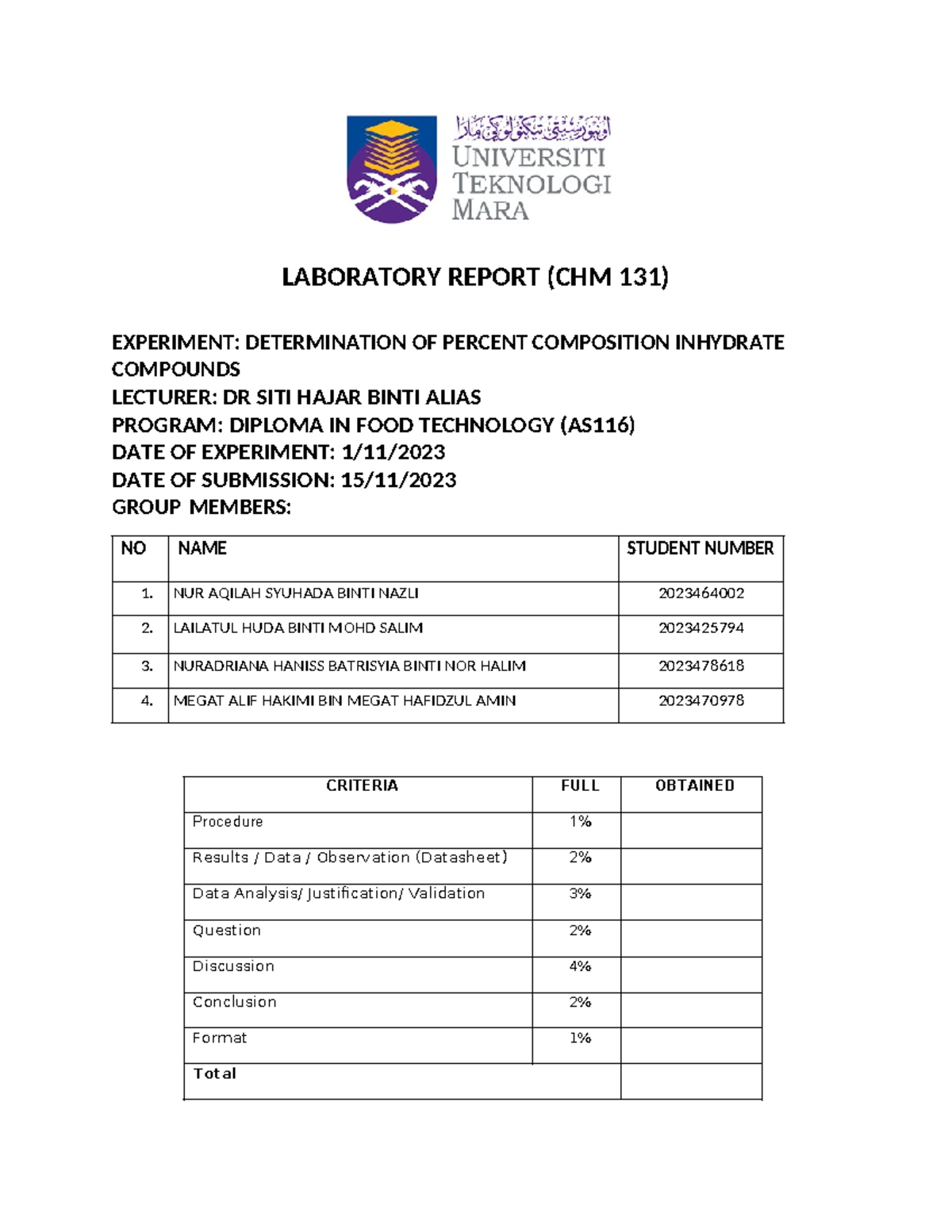 CHM131 LAB Report Determination OF Percent Composition IN Hydrate ...