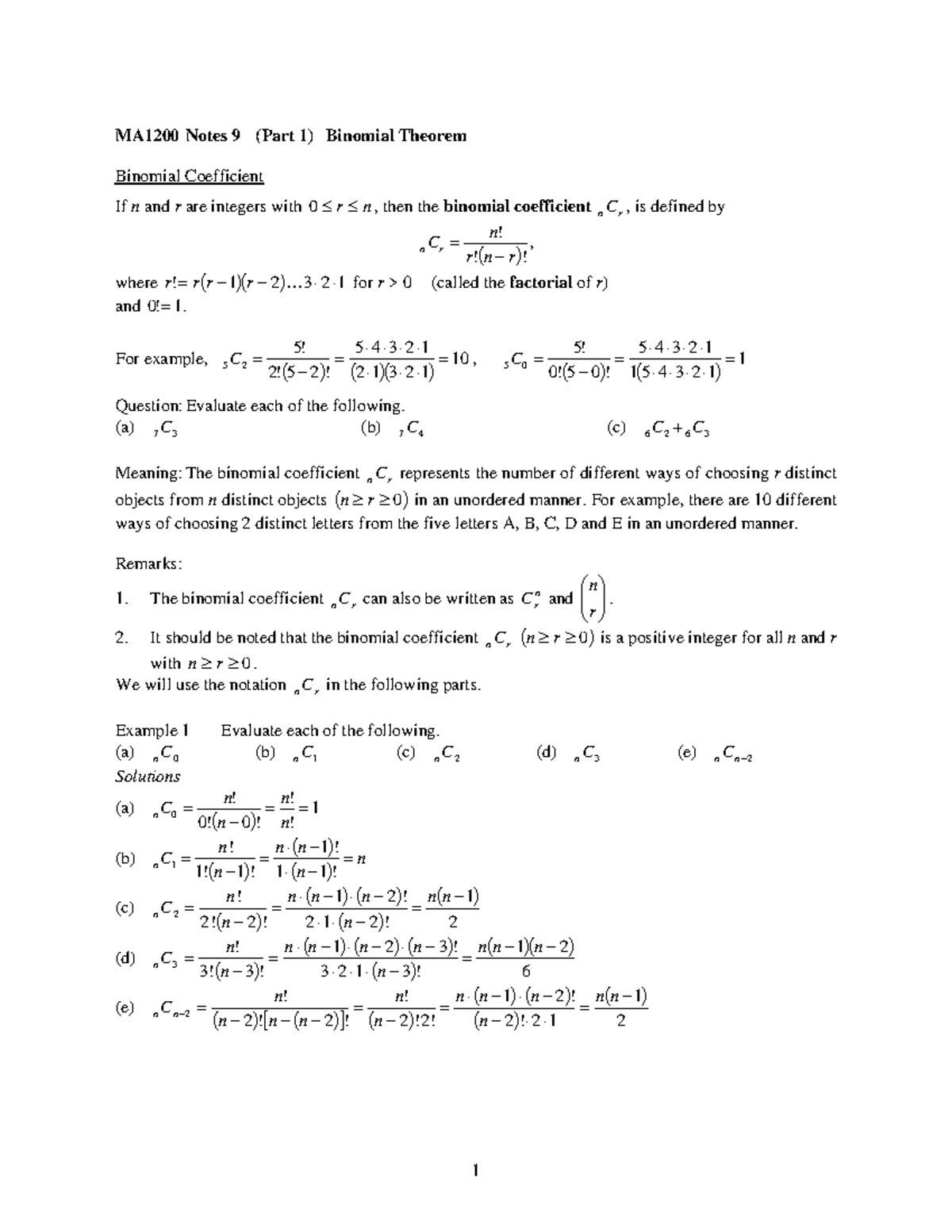 MA1200 Chapter 9 Binomial Theorem MA1200 Notes 9 (Part 1) Binomial