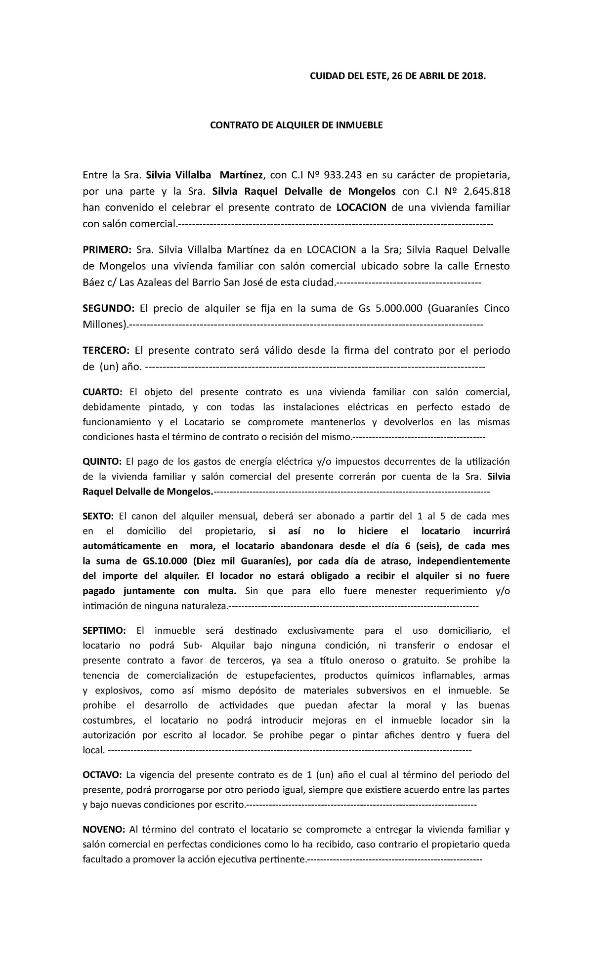 Modelo para contrato de alquiler de inmueble - CUIDAD DEL ESTE, 26 DE ABRIL  DE 2018. CONTRATO DE - Studocu