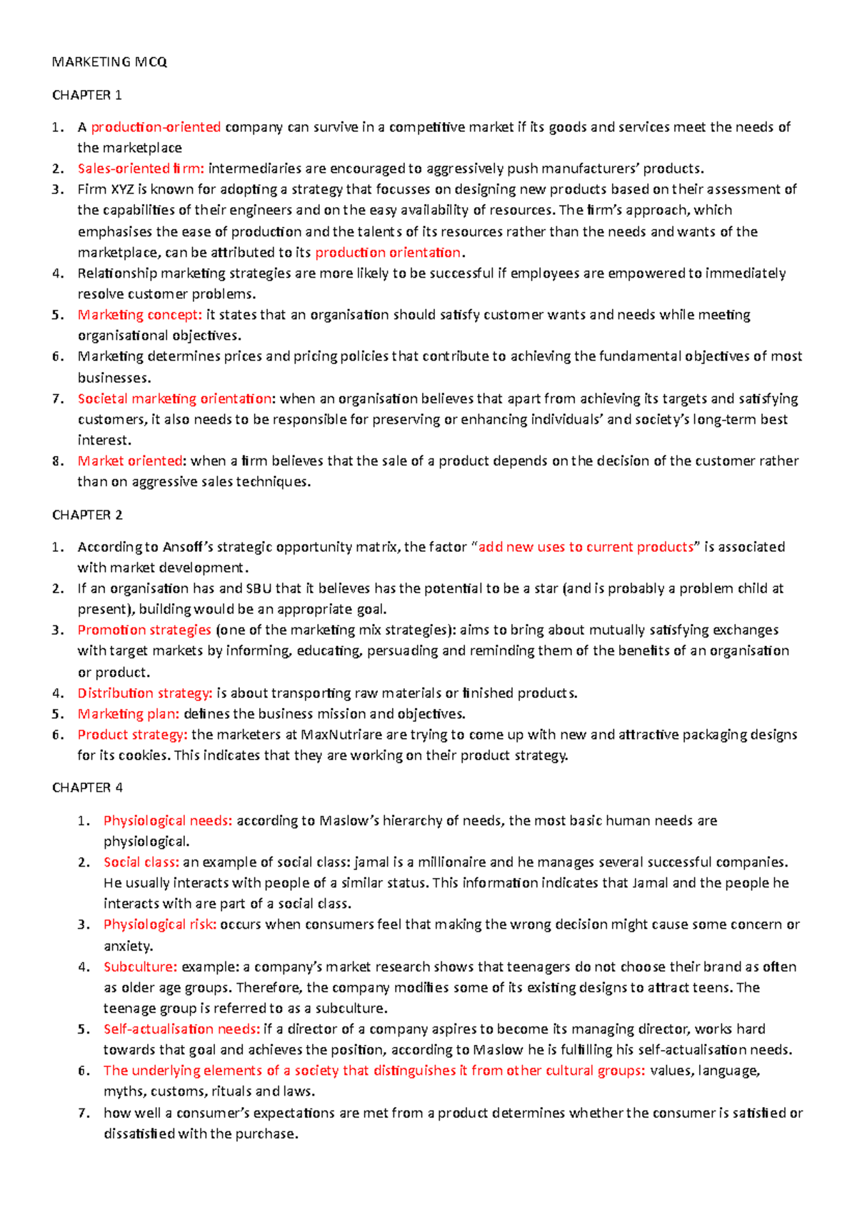 Marketing - CH1-2 Q's - MARKETING MCQ CHAPTER 1 A Production-oriented ...