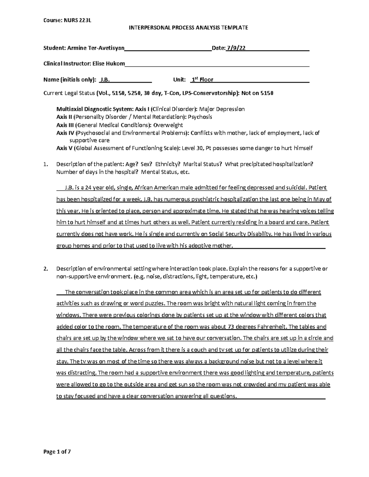 Copie NURS 223L - Interpersonal Process Analysis Template ...