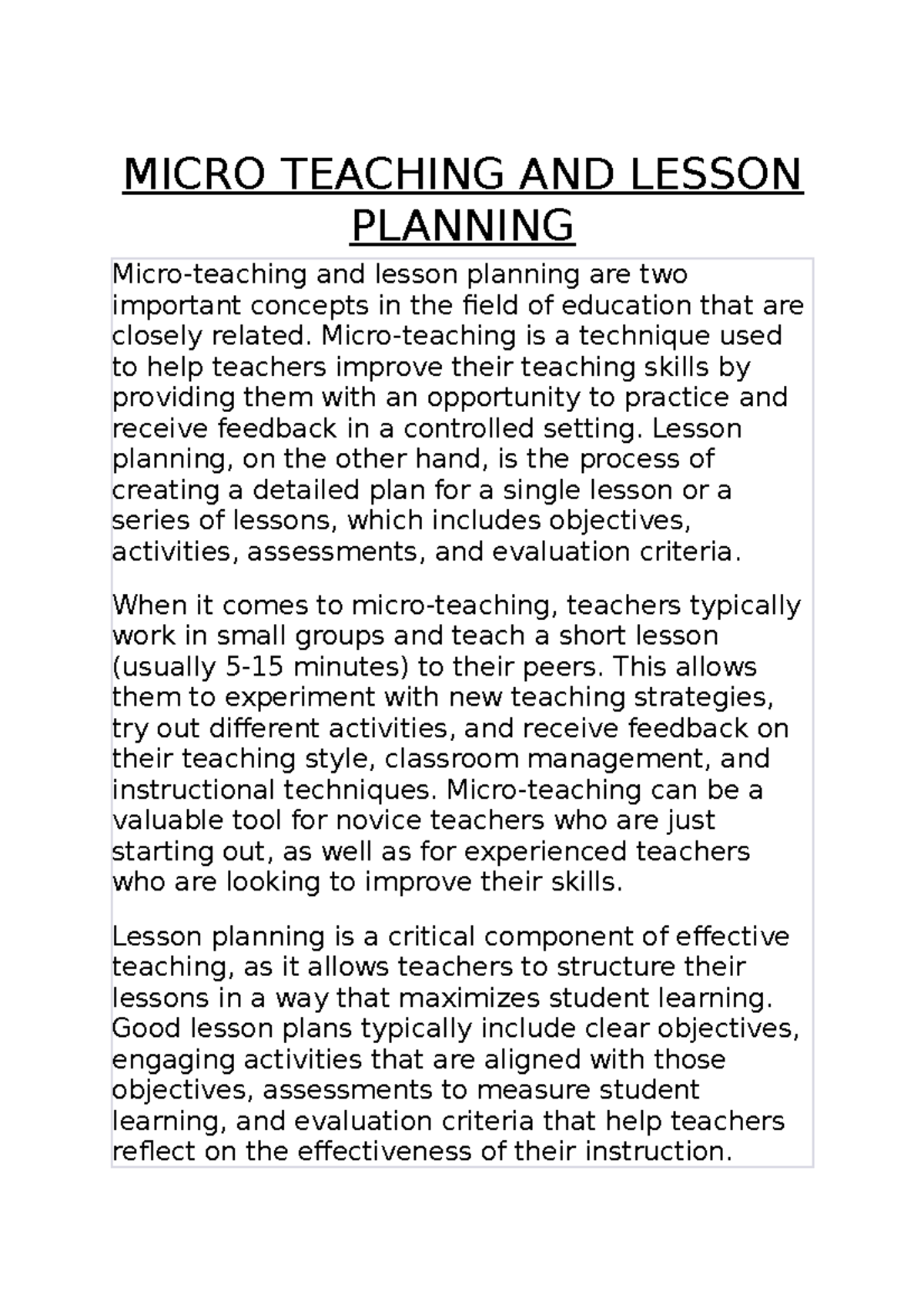 Micro Teaching AND Lesson Planning - MICRO TEACHING AND LESSON PLANNING ...