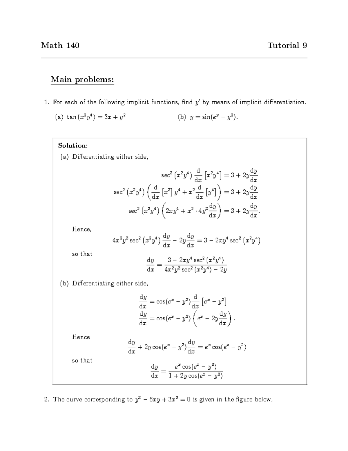 Math140tut91 - Tutorials - Math 140 Tutorial 9 Main problems: For each