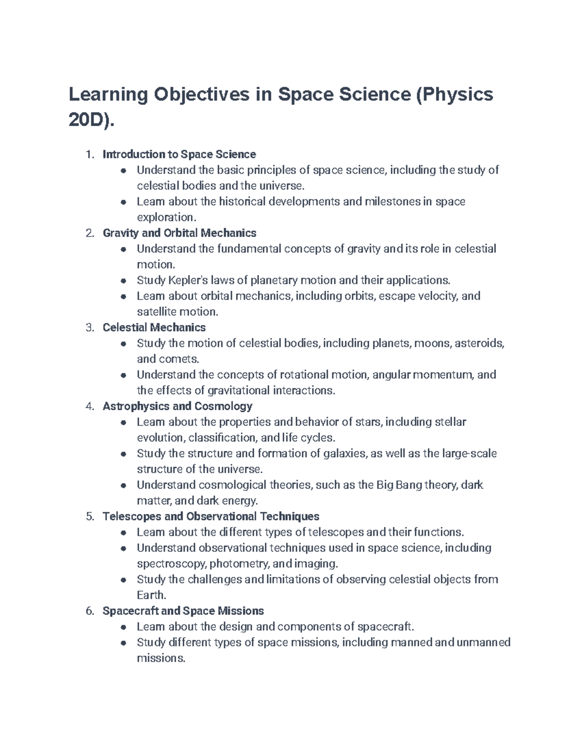 Learning Objectives in Space Science (Physics 20D) - Introduction to ...