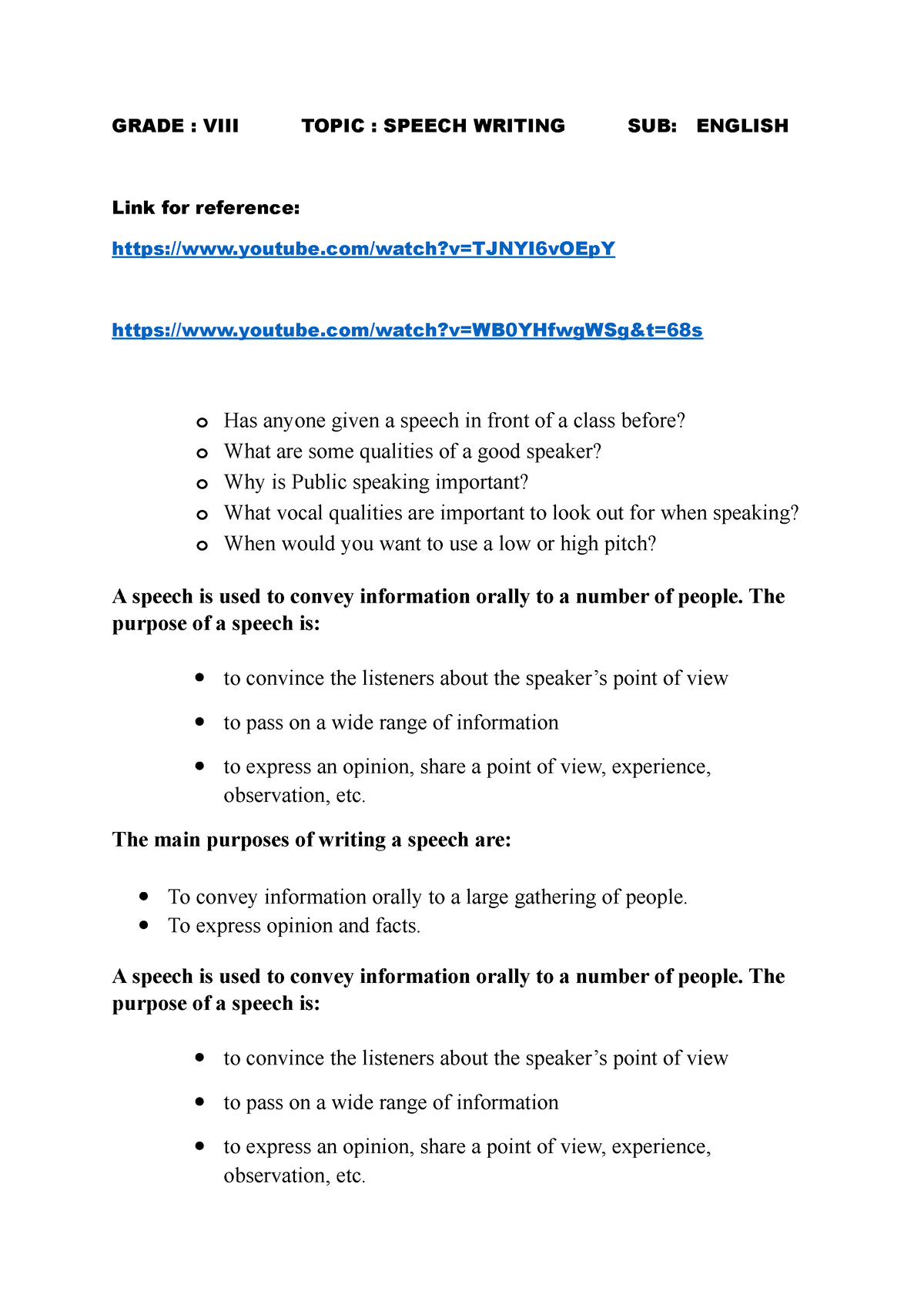 VIII - Speech writing Notes - GRADE : VIII TOPIC : SPEECH WRITING SUB ...