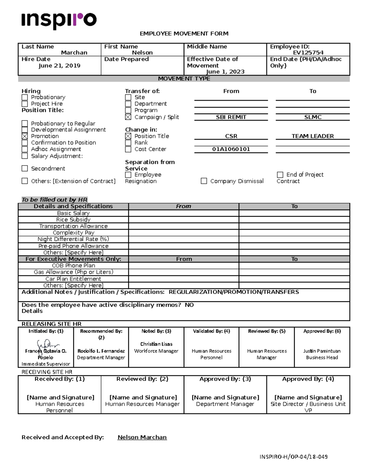 EMF Marchan n/a EMPLOYEE MOVEMENT FORM Last Name Marchan First