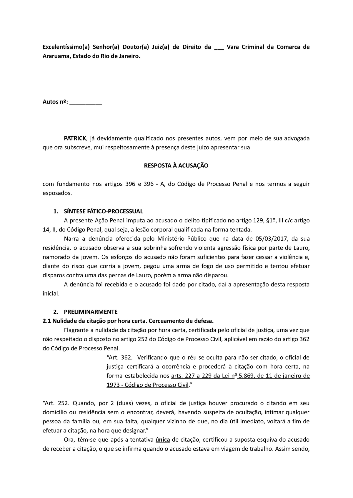 Resposta à Acusação Excelentíssimoa Senhora Doutora Juiza De Direitoda Vara 0195