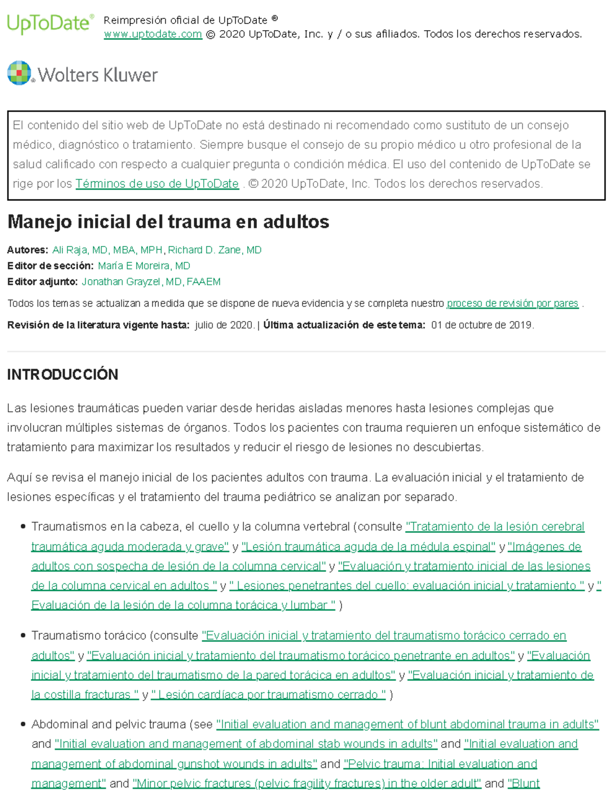 Initial management of trauma in adults - Up To Date - Reimpresión ...