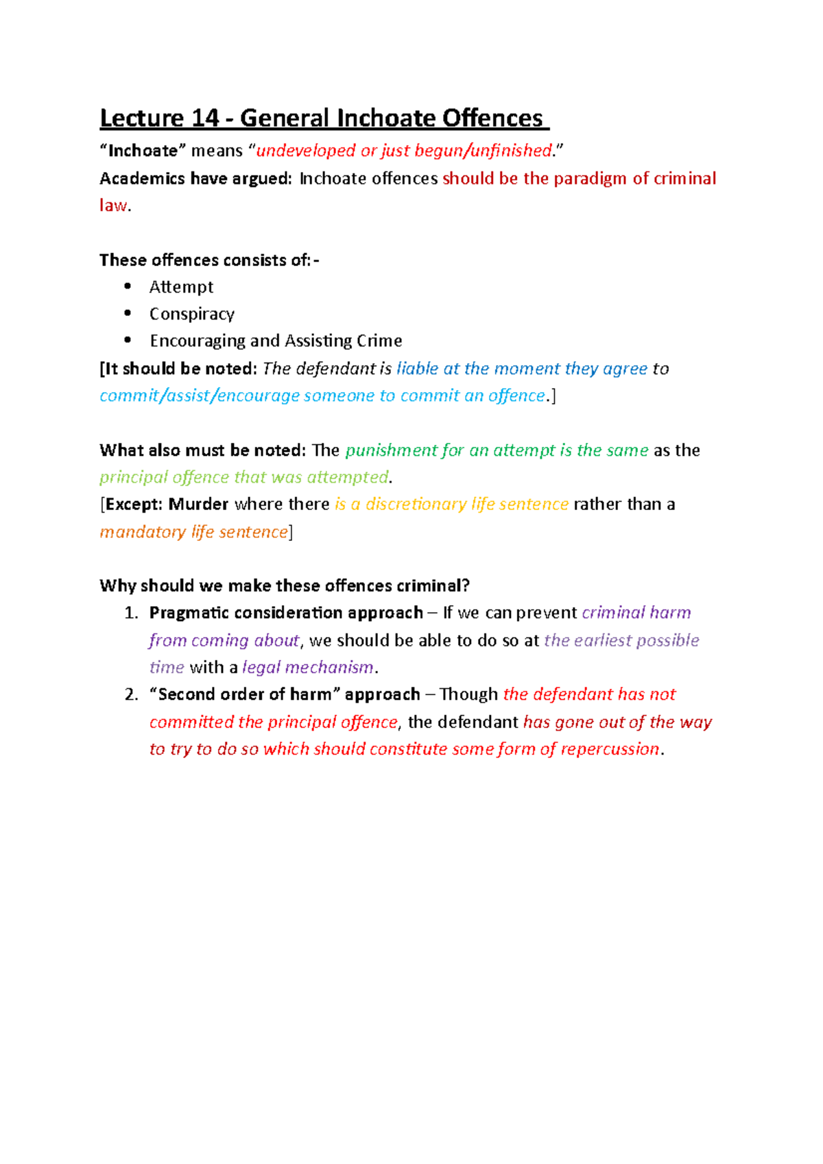 Lecture 14 - Inchoate Offences - Lecture 14 - General Inchoate Offences ...