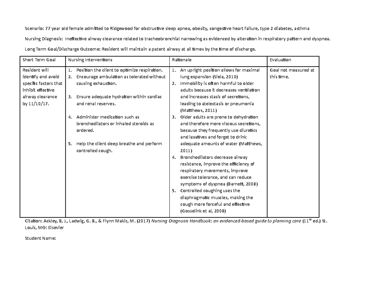 324A Care plan 2 - Assignment - Scenario: 77 year old female admitted ...