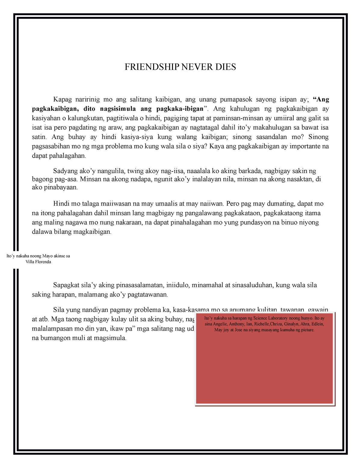 essay about friendship tagalog brainly